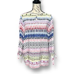 Talbots PL Blue White Pink Geometric Blouse Tie Sleeve Retro Mod Summer Top